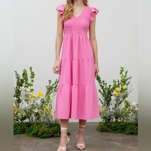 NWT- BY THE RIVER Tiered Pink Ruffled Midi Dress